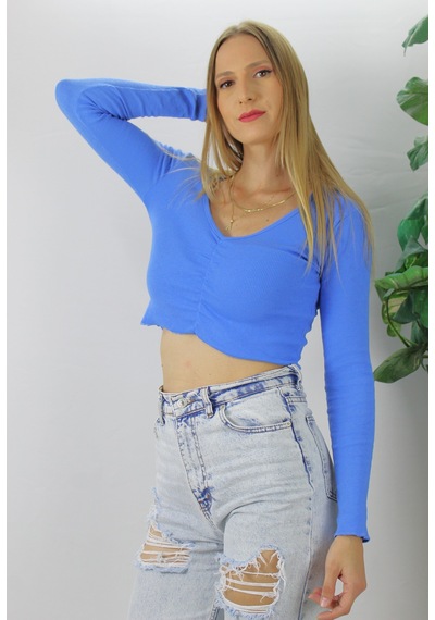 Modi Büzgülü Fitilli Bluz Mavi - 94574 Açık Mavi