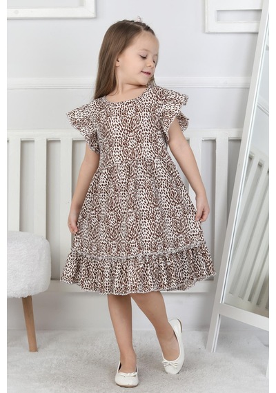 New Kids Leopar Desenli Kız Çocuk Elbise-90721 Kahverengi
