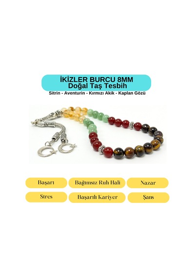 Sertifikalı İkizler Burcu 8mm 33lük Doğal Taş Tesbih