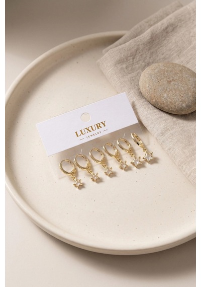 Mey İthalat Yıldız Zirkon Taşlı Gold Renk Pirinç Set Küpe Çok Renkli