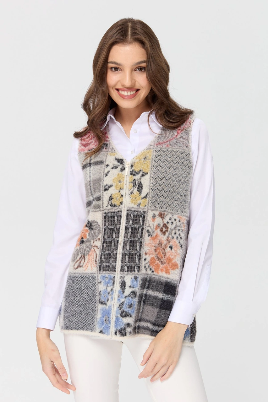 Desen Triko Kadın V Yaka Patchwork Yelek Kemik Kemik