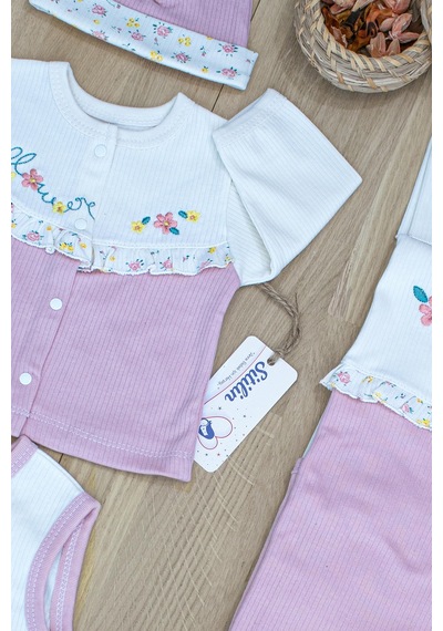 Sitilin Kız Bebek Natural Pembe İşlemeli süslü Lüks 10 Lu Hastane Çıkışı Set STL6065 Çok Renkli