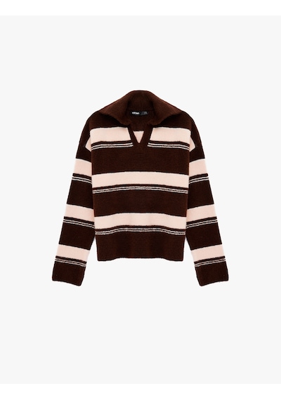 Koton Devrik Yaka Uzun Kollu Çizgili Oversize Triko Kazak Pembe Çizgili 6wak90615ht Pembe