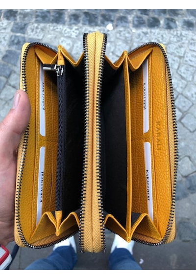 Karalı Deri Unisex Hakiki Deri Telefon Bölmeli Cüzdan Sarı