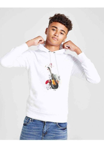 Tshirthane Gitar Müzik Rock Art Baskılı Unisex Çocuk Kapüşonlu Beyaz Sweat Beyaz