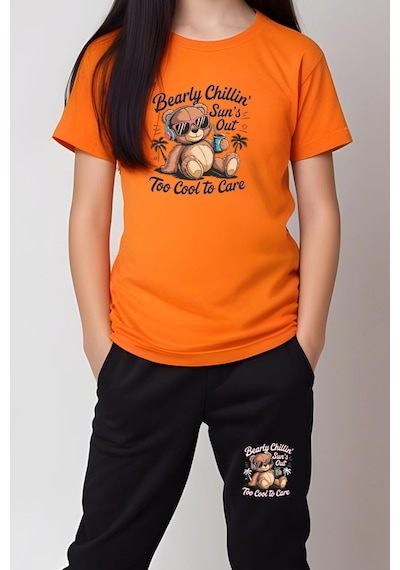 Fyk Kids Kız Çocuk Yuvarlak Yaka Baskılı Bearly Chillin Alt-üst Pijama Takımı Turuncu