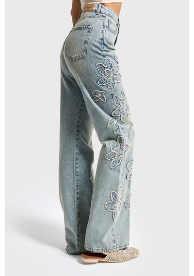 it's basic Kadın Kot Rengi 4s6-67 Straight Fit Yüksek Bel Nakış Detaylı Özel Tasarım Denim Jean Mavi