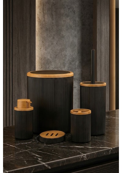 Makri Home 5 Parça Banyo Seti, Siyah Ahşap Desenli, Çöp Kovası, Fırçalık, Sıvı Sabunluk, Diş Fırçalık, Sabunluk