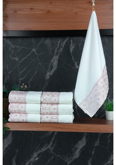 Dantelli Güpürlü Lüks %100 Pamuk Çeyizlik 6 Lı El Yüz Havlu Seti 40x70 - Pembe - 4400 Pembe