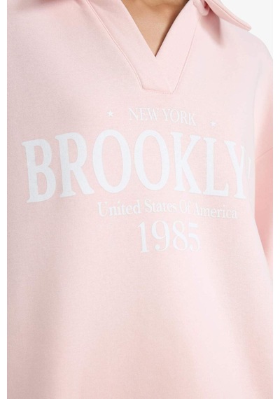 Defacto Relax Fit Polo Yaka Baskılı Kalın Sweatshirt G6412ax25wnpn364 Pembe-pn364