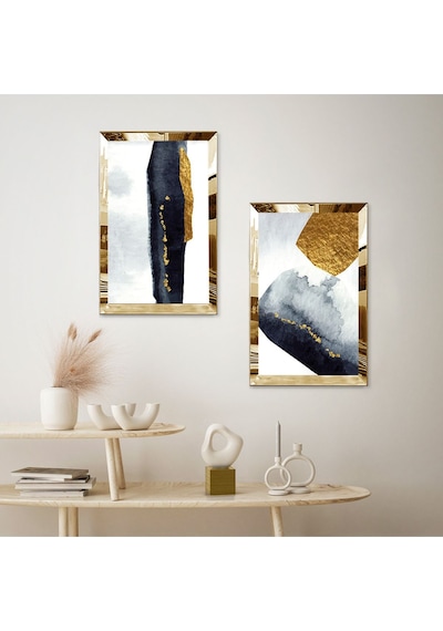 Gold Aynalı Pleksi Çerçeveli Siyah Ve Gold Modern Soyut Şekiller İkili Mdf Tablo Seti