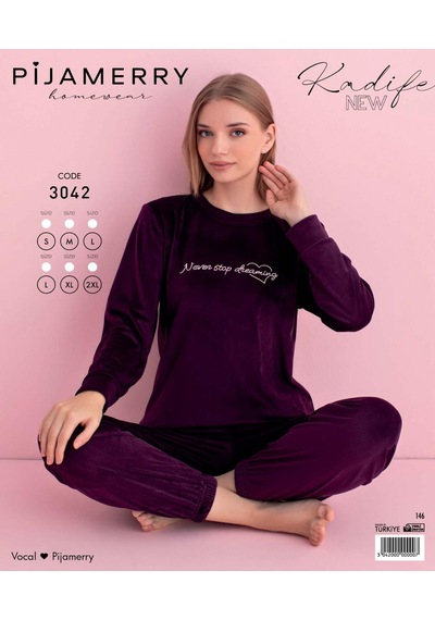 Pijamerry Kadın Kışlık Bisiklet Yaka Kadife Pijama Takımı 3042m - 1 Adet Mor
