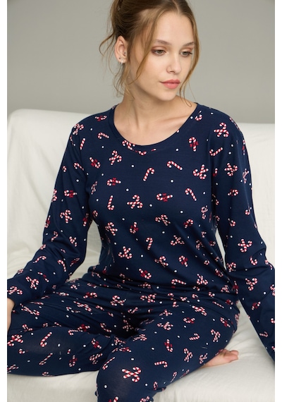 Siyah İnci Şeker Desenli Örme Pamuklu Pijama Takım25240239 Lacivert