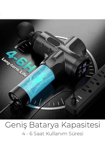Profesyonel 6 Başlıklı Şarjlı Sporcu Masaj Tabancası 30 Hız Kademeli + Çantalı Gri