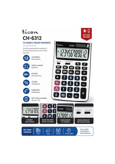 Hesap Makinesi Gri 13x18.5cm 1 Adet Ticon Ch-6312 12 Haneli Hafızalı Orta Boy Ofis Büro Masaüstü Hesap Makinası