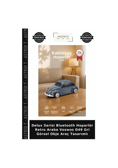 Delux Serisi Bluetooth Hoparlör Retro Araba Voswos D49 Gri Görsel Obje Araç Tasarımlı
