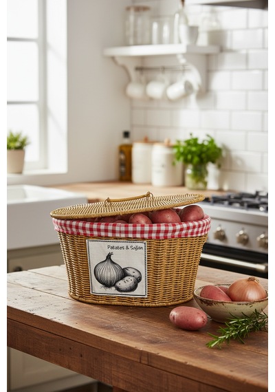 Akayev Rattan Patates Soğan Bölmeli Sepeti 28x39x21 Cm Kahverengi