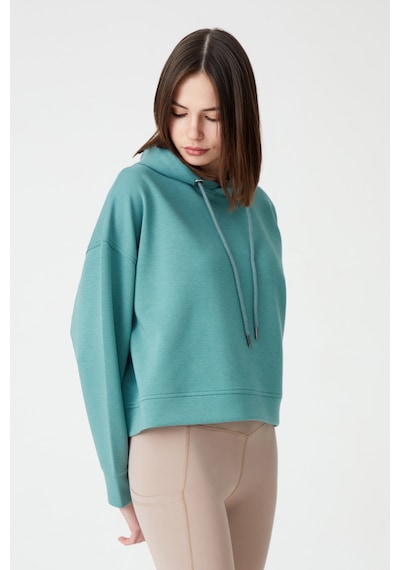 Los Ojos Mavi Yeşil Kapüşonlu Yumuşak Dokulu Crop Sweatshirt Cropped Sweat Mavi-yeşil Mavi-yeşil