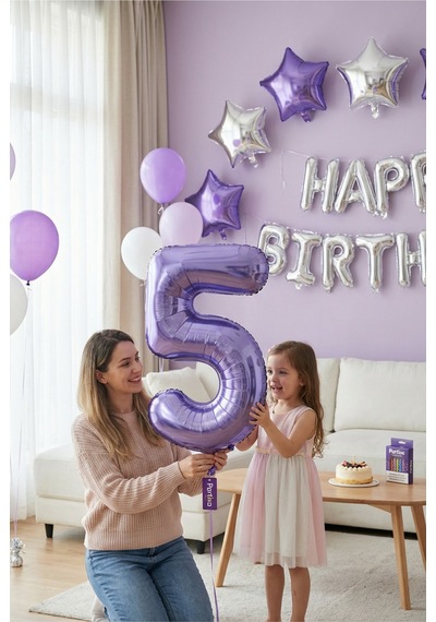 32 İnç Mor Rakam 5 Folyo Balon Çok Renkli