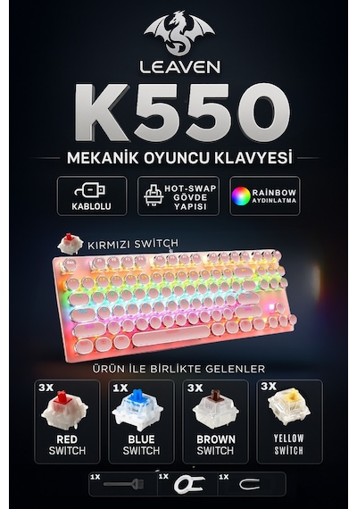 K550 Red Switch Mekanik Oyuncu Klavyesi-hot-swap-rainbow Rgb-3 Adet Yedek Switch