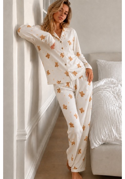Womanandkids Night Beyaz Kadın Gömlek Yaka Düğmeli Pijama Takımı