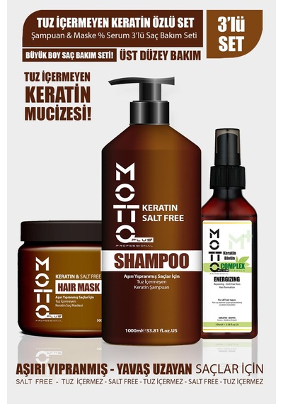 Motto Plus Professional Yavaş Uzayan-aşırı Yıpranmış Saçlar İçin Tuzsuz Keratinli 3'lü Saç Bakım Seti Şampuan-maske-serum