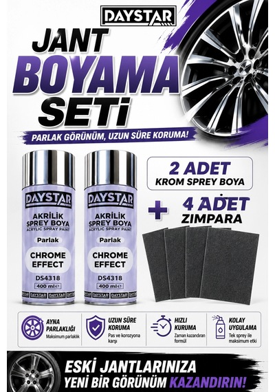 Daystar Jant Boyama Seti 2 Adet Krom Effect Sprey Boya 400 Ml + 4 Adet Zımpara Profesyonel Krom Gö Çok Renkli