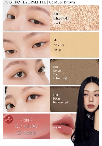 Muzıgae Mansıon Twist Pot Eye Palette 4'lü Far Paleti + Mini Boy Icy Glow Set 03 Mute Brown