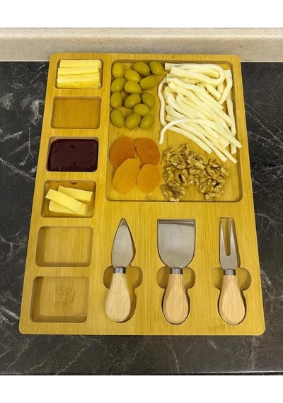 Bambu Peynir Sunum Ve Kahvaltı Tahtası 4 Lü Set 3 Bıçak + Bölmeli Servis Bambu