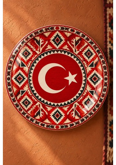 Dekoratif Duvar Tabağı Al Bayrak Zarafeti Dekorlu Seramik Tabak Kahverengi