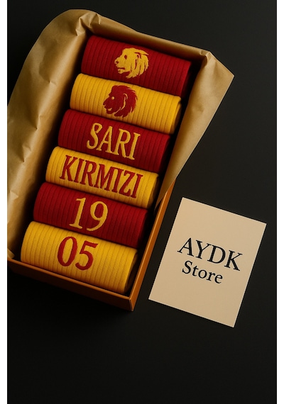 Taraftar 6 Çift Kutulu Sarı Kırmızı Aslan Nakışlı Casual Yazlık Kışlık Unisex Soket Tenis Çorap Çok Renkli