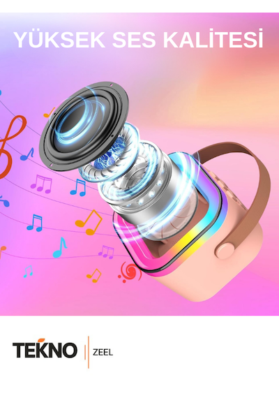 Teknozeel Çift Mikrofonlu Karaoke 5 Ses Efektli Rgb Işıklı Bluetooth Kablosuz Hoparlör Ses Bombası Bej Renk