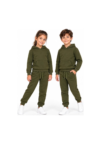 Rony Pony Kids Unisex Kız Erkek Çocuk Haki 3 İplik Kapüşonlu Kanguru Cepli Eşofman Takımı
