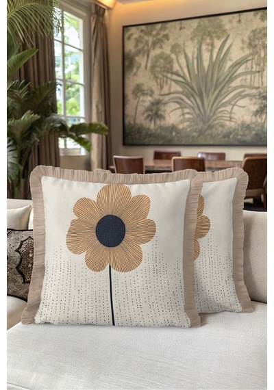 Çiçek Botanik Saçaklı Yastık Kılıfı - Minimal Floral Bohem Bej Siyah Vizon Püsküllü Kırlent Kılıfı Siyah