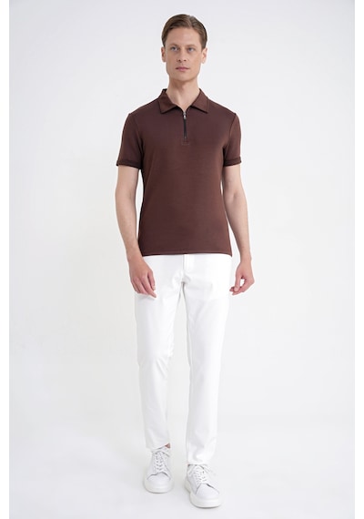 Efor Slim Fit Esnek Pamuklu Fermuarlı Kahverengi Polo Yaka Tişört Ts 926