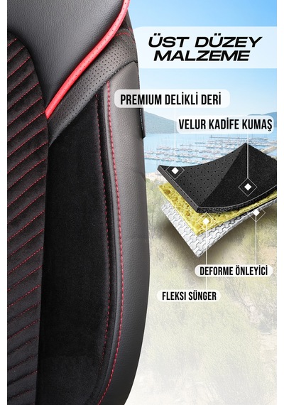 Siyah - Kırmızı Panda Monte Carlo Serisi Velor Kadife Kumaş Oto Koltuk Kılıfı - Tam Set