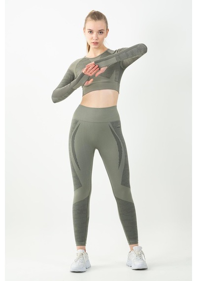 Maraton Active Slimfit Kadın Bisiklet Yaka Uzun Kol Fitness Açık Haki Crop Top 816013 Açık Haki