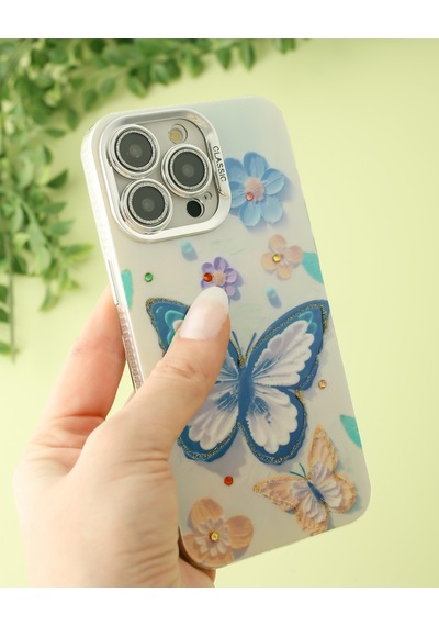 Apple Uyumlu iPhone 15 Pro Lens Korumalı Simli Kelebekli Çiçekli Kılıf