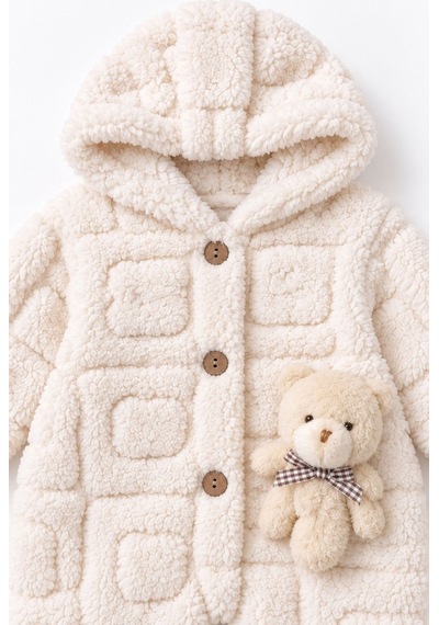 Kız Erkek Bebek Tavşan Ve Ayı Oyuncaklı Peluş Tulum Tlm0301 ekru