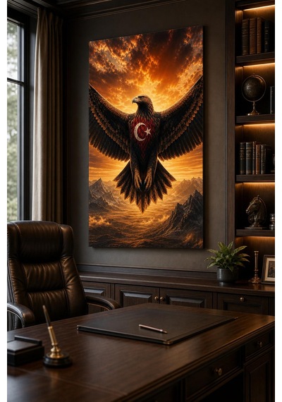 Türk Bayraklı Kartal Baskılı Cam Tablo Uv Baskı Dekoratif Duvar Tablosu