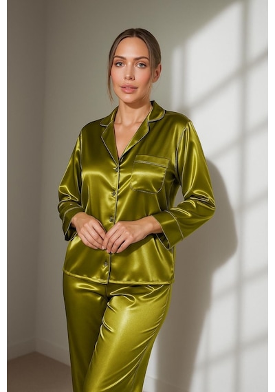 Gizotti Olıve Saten İkili Pijama Takımı S Çağla Yeşili