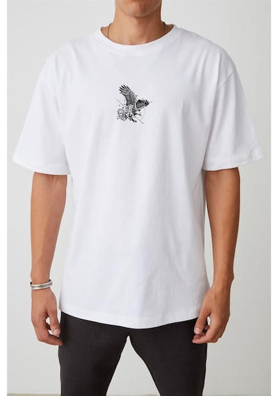 Thewert Unisex Kartal Baskılı Beyaz Oversize Tshirt