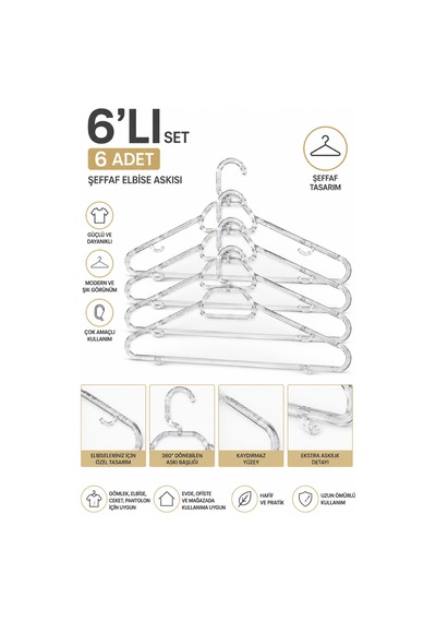 Kristal Elbise Askısı 6 Lı Set Şeffaf Kaydırmaz Çok Amaçlı Askı Şeffaf