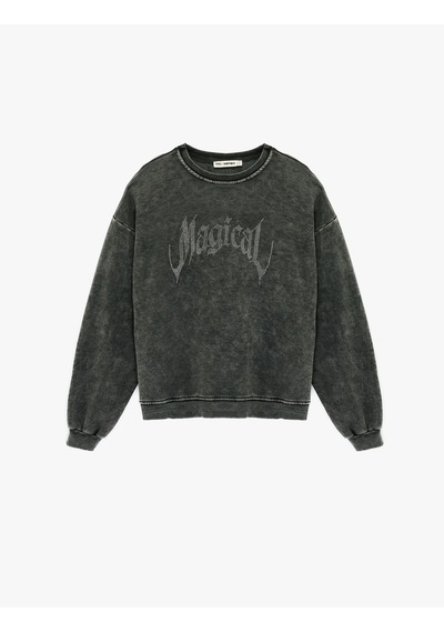 Koton Yıkamalı Bisiklet Yaka Oversize Taşlı Sweatshirt Antrasit 6wal10703ık Antrasit