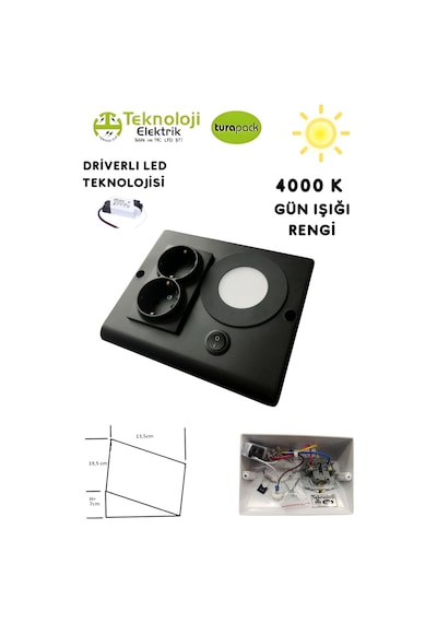Dolap Tezgah Altı 2'li Priz Ve 3 Watt Anahtarlı Led Spot Aydınlatma Siyah Kasa Işık Ve Akıllı Priz