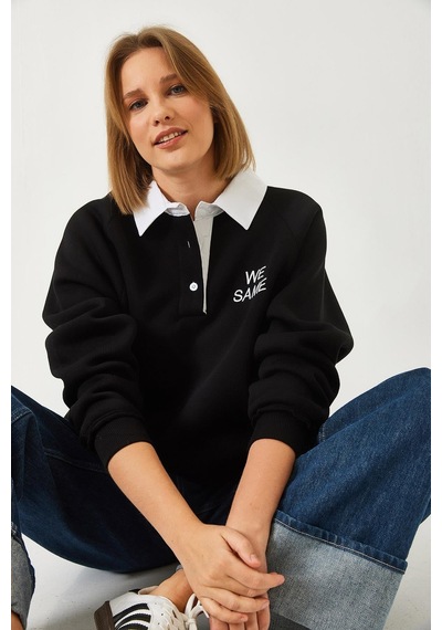 Shade Kadın Polo Yaka Üç İplik Şardonlu Sweatshirt 2069 60261149 - Siyah