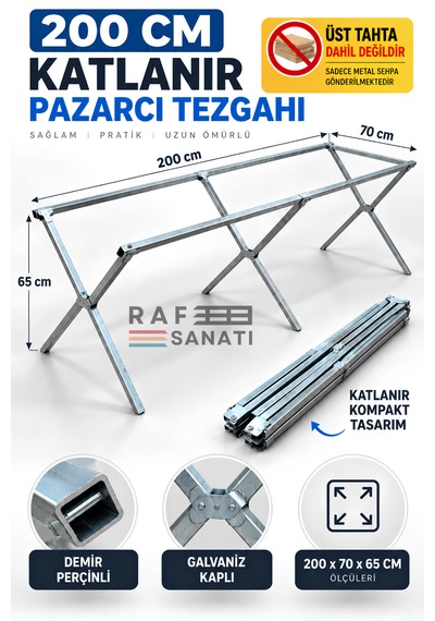 200 Cm Pazarcı Tezgahı Kampet Katlanır Portatif Galvaniz Tezgah, Seyyar Satış Ve Fuar Standı Tahta Hariç Açık Gri