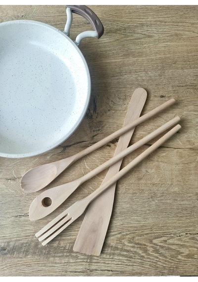 El Yapımı 4 Parça Ahşap Kaşık Mutfak Seti, Tahta Kaşık, Çatal, Spatula 30 Cm, 4pcs Diğer