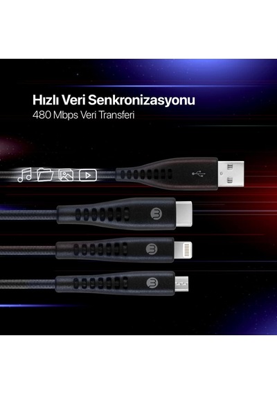 By Ttec Trio Şarj Kablosu Usb-a - Usb-c/lightning İle Uyumlu/micro Usb 150cm - Siyah 2 Yıl Ttec Garantilidir
