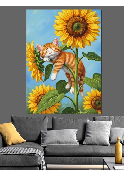Ahşap Tablo Ayçiçeği Üzerinde Kedi Resmi
